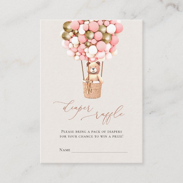 Tarjeta De Recepción Chica De Oso Rosado Balones Diaper Raffle Entradas (Anverso)