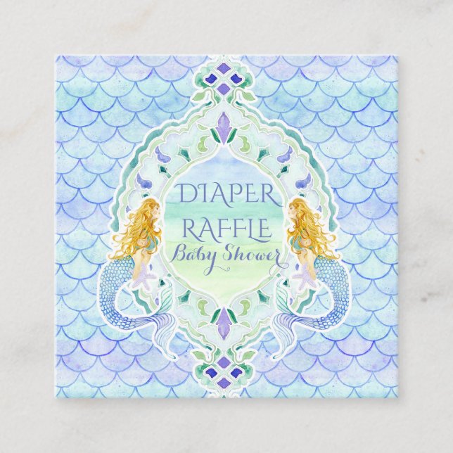 Tarjeta De Recepción Chica de Sirena Baby Shower Diaper Raffle Watercol (Anverso)