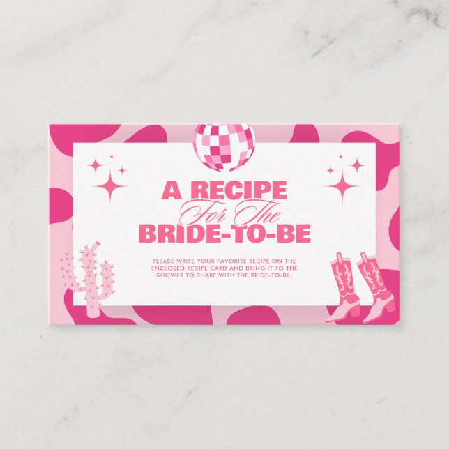 Tarjeta De Recepción Chica de vaca rosa, ducha de novia, comparte recet (Anverso)