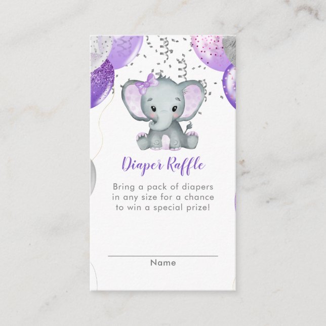 Tarjeta De Recepción Chica elefante lindo globos Diaper bebé Raffle (Anverso)