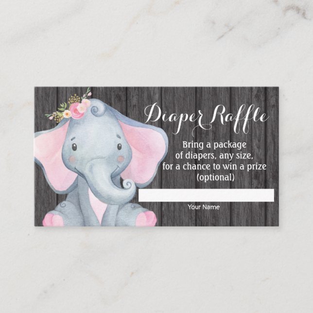 Tarjeta De Recepción Chica Elephant Baby Shower Diaper Raffle Card (Anverso)