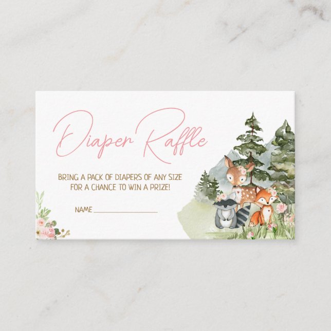 Tarjeta De Recepción Chica Floral Woodland Animales Diaper Raffle (Anverso)