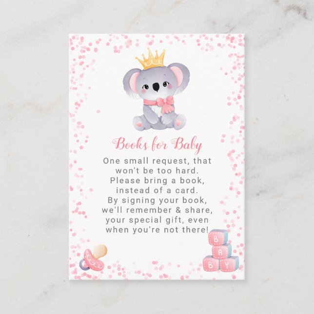 Tarjeta De Recepción Chica Koala lleva libros para Baby Shower (Anverso)