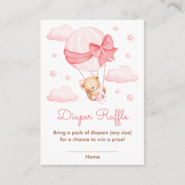 Tarjeta De Recepción Chica Oso Globo rosa Baby Shower Diaper Raffle (Anverso)
