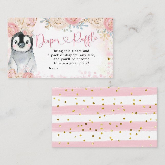 Tarjeta De Recepción Chica Penguin Winter Snowflake Diaper Raffle (Anverso / Reverso)