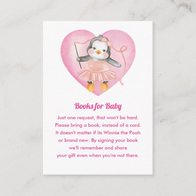 Tarjeta De Recepción Chica rosa Baby Shower Penguin Book Request (Anverso)