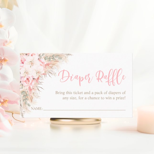 Tarjeta De Recepción Chica rosa Boho Pampas DIAPER RAFFLE Baby Shower (Boho Pampas Pink Orchid Peonies Girl DIAPER RAFFLE Baby Shower Enclosure Card)