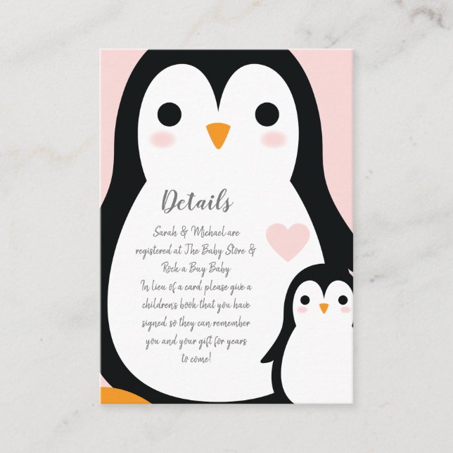 Tarjeta De Recepción Chica rosa de Cute Penguin Baby Shower (Anverso)