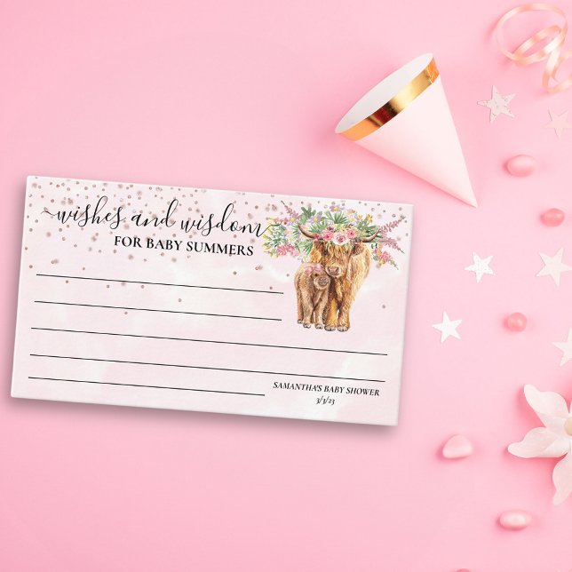 Tarjeta De Recepción Chica rosa Floral Highland Cow Desearía Sabiduría (Subido por el creador)