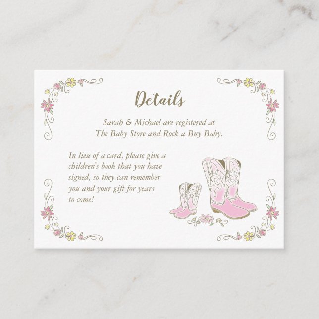 Tarjeta De Recepción Chica rosa occidental del país Baby Shower rural d (Anverso)
