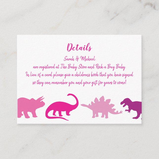 Tarjeta De Recepción Chica rosado de dinosaurios pequeños Baby Shower D (Anverso)
