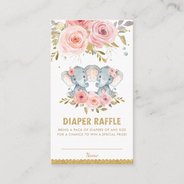 Tarjeta De Recepción Chicas elefantes gemelos Baby Shower Diaper Raffle (Anverso)