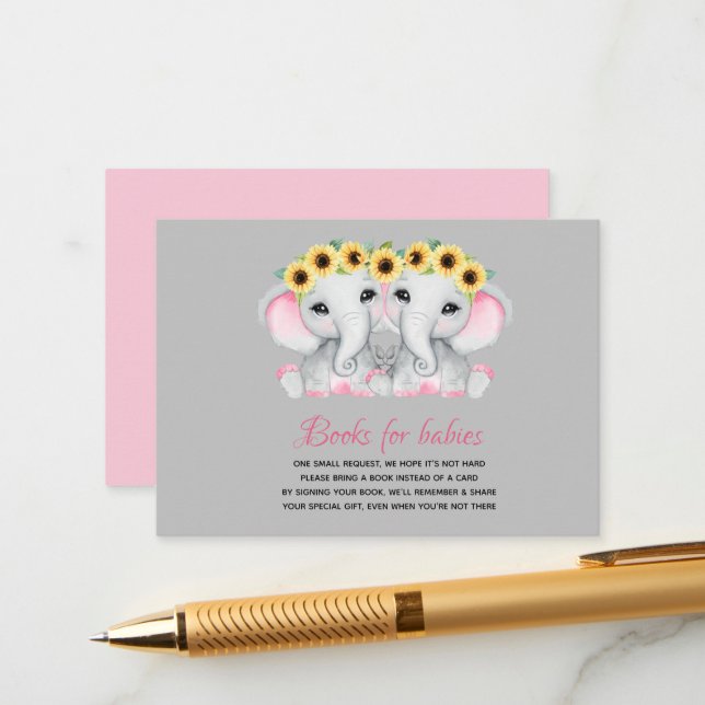 Tarjeta De Recepción Chicas gemelos elefantes rosas con coronas de gira (Anverso/Reverso In Situ)