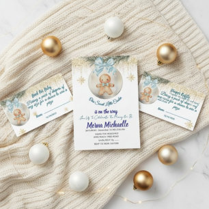 Tarjeta De Recepción chico de pan de jengibre azul en un sorteo de paña