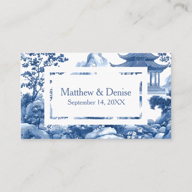 Tarjeta De Recepción Chinoiserie Blue Toile Elegant Pagoda Wedding RSVP (Reverso)
