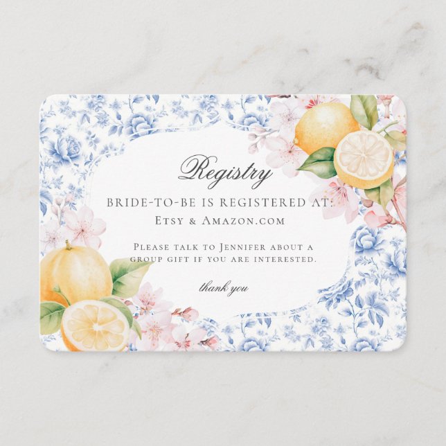 Tarjeta De Recepción Chinoiserie Lemon Tea Bridal Shower Toile Registry (Anverso)
