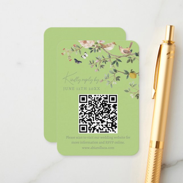 Tarjeta De Recepción Chinoiserie Wedding Website RSVP QR Code  (Anverso/Reverso In Situ)