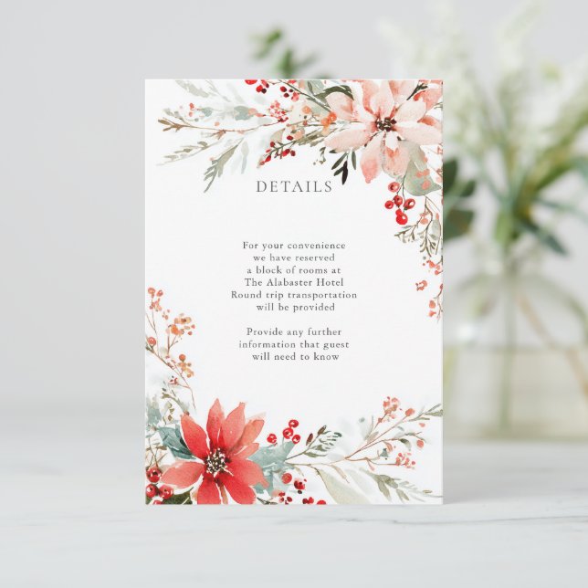 Tarjeta De Recepción Christmas Poinsettia floral Wedding Details (Anverso de pie)