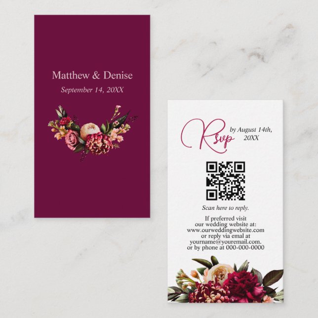Tarjeta De Recepción Chrysanthemum Elegant Burgundy RSVP Card Código QR (Anverso / Reverso)