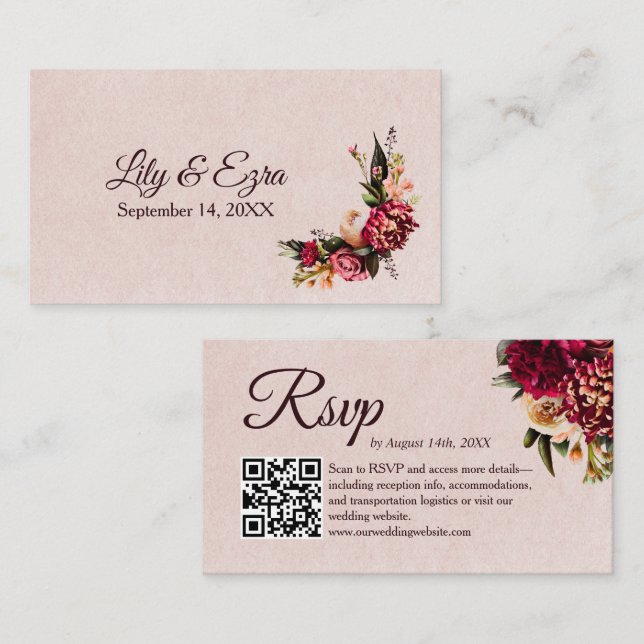 Tarjeta De Recepción Chrysanthemum Elegant Burgundy RSVP Card Código QR (Anverso / Reverso)