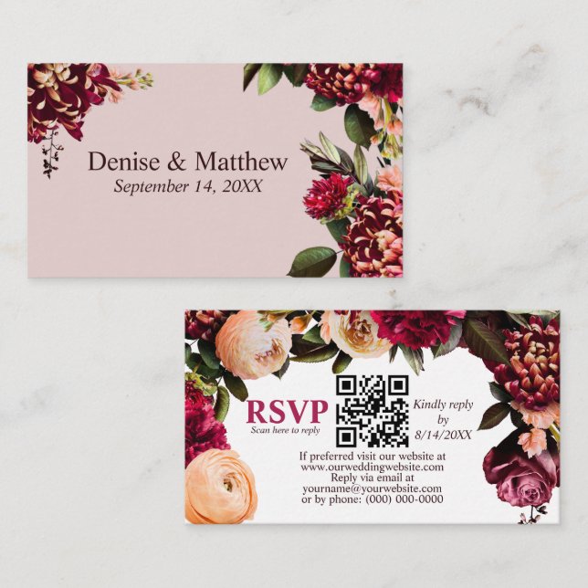 Tarjeta De Recepción Chrysanthemum Mauve Chalk RSVP Código QR (Anverso / Reverso)