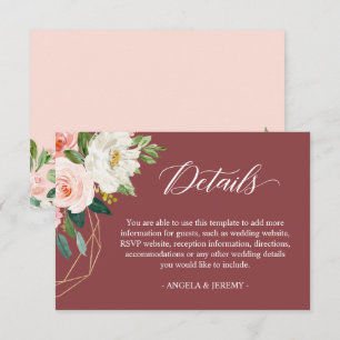 Tarjeta De Recepción Cinnamon Blush White Floral Wedding Details