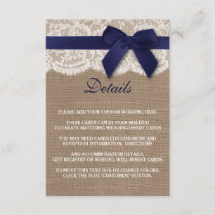 Tarjeta De Recepción Cinta Naval En Boda Burlap & Lace