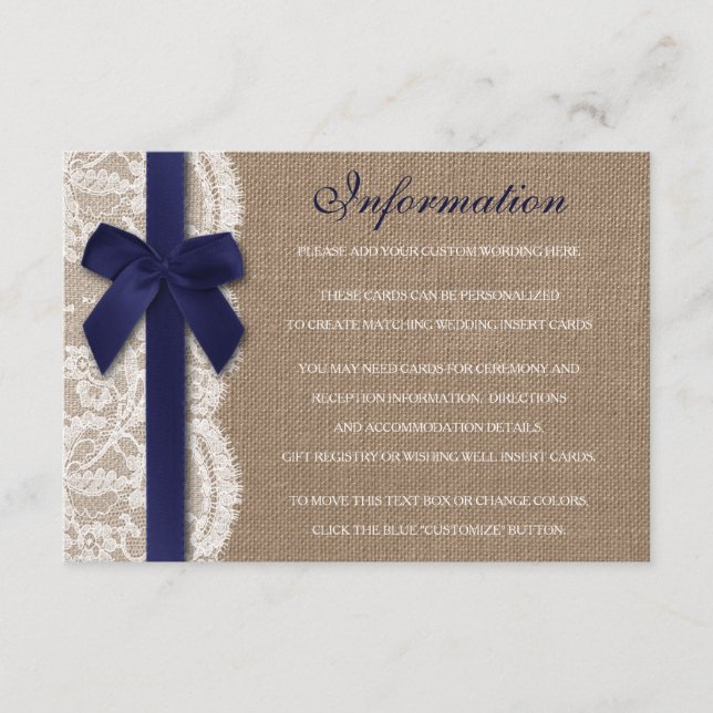 Tarjeta De Recepción Cinta Naval En El Detalle Del Boda De Burlap Y Lac (Anverso)