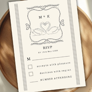 Tarjeta De Recepción Cisnes Monograma Dibujados a Mano Vintage RSVP Bod