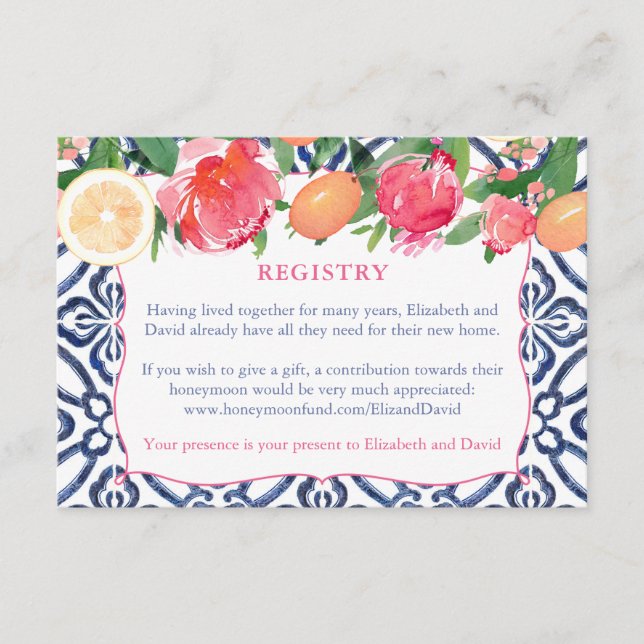 Tarjeta De Recepción Citrus Bold Floral Dark Blue Tile Registry Detalle (Anverso)