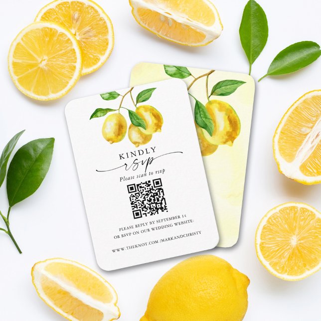 Tarjeta De Recepción Citrus limón de código QR RSVP de boda (With a unique QR code printed on this lemon design, guests can quickly and easily RSVP.)