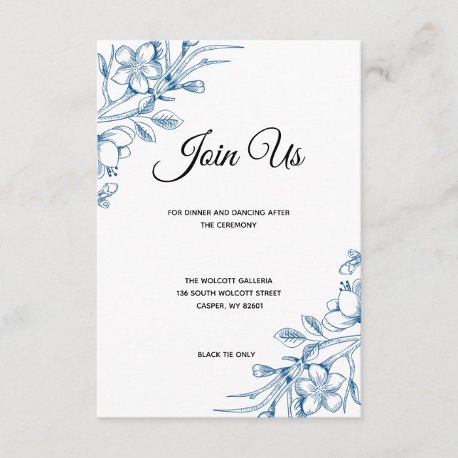 Tarjeta de recepción clásica de boda floral azul (Anverso)