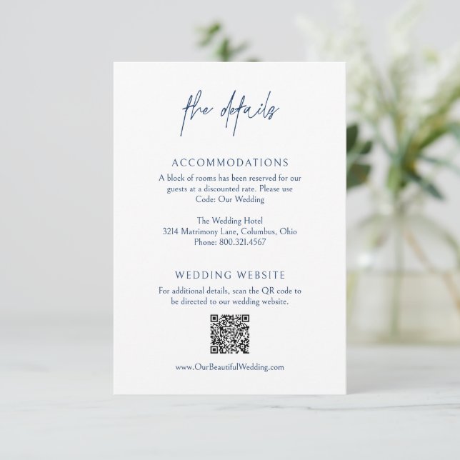 Tarjeta De Recepción Clásica Marina Azul Código QR Boda Elegante (Anverso de pie)