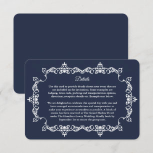 Tarjeta De Recepción Clásico azul marino de bodas con marco ornamentado