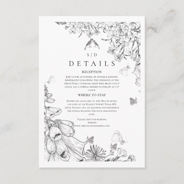 Tarjeta De Recepción Clásico Blanco Floral Negro Boda  (Anverso)