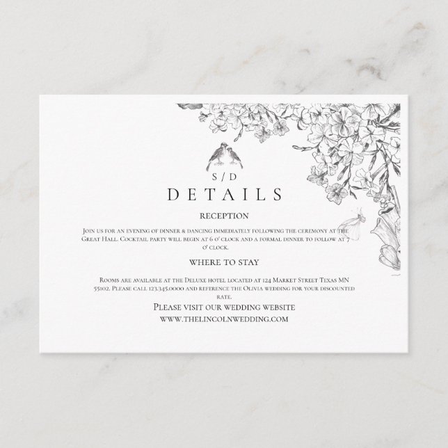 Tarjeta De Recepción Clásico Blanco Floral Negro Boda  (Anverso)