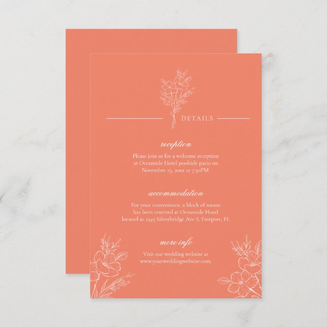 Tarjeta De Recepción Clásico Moderno Boda de Coral Floral Elegante (Anverso / Reverso)