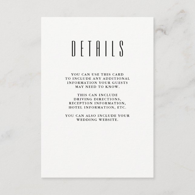 Tarjeta De Recepción Clásico moderno | Detalles de invitado en blanco y (Anverso)