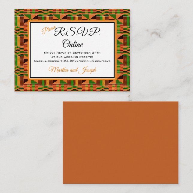 Tarjeta De Recepción Clásico Naranja africano Kente Cloth RSVP en línea (Anverso / Reverso)