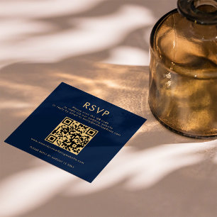 Tarjeta De Recepción Clásico Navy Blue Gold QR Boda de código RSVP