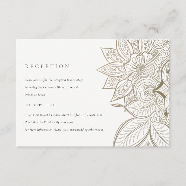 Tarjeta De Recepción Clásico Ornate Paisley Ivory Gold Wedding (Anverso)