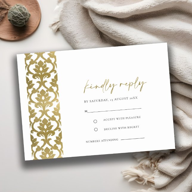 TARJETA DE RECEPCIÓN CLÁSICO ORO DAMASK FLORAL PATRÓN BODA RSVP (Subido por el creador)