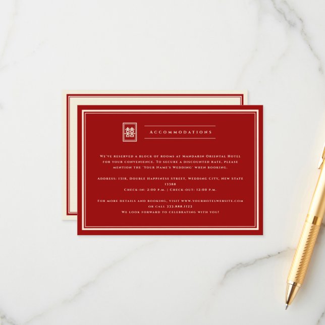 Tarjeta De Recepción Clásico Rectángulo doble felicidad Boda chino (Anverso/Reverso In Situ)