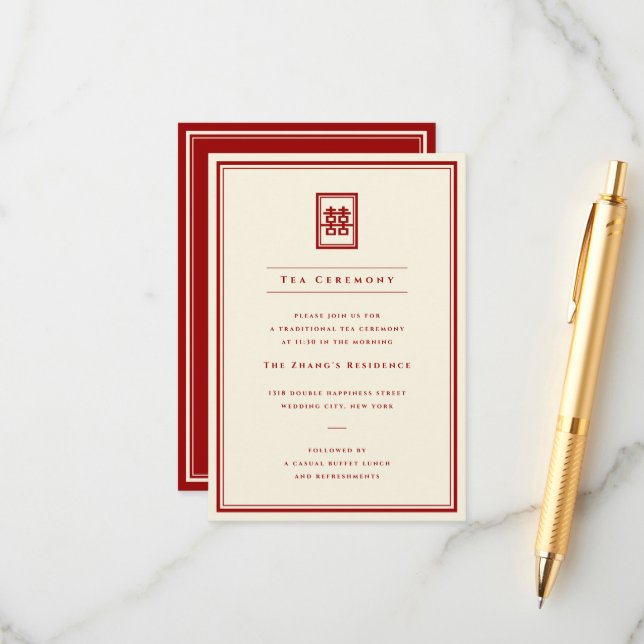 Tarjeta De Recepción Clásico Rectángulo Doble Felicidad Tea Ceremonia (Anverso/Reverso In Situ)