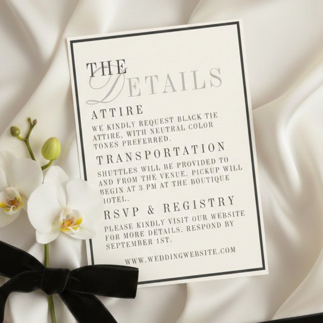 Tarjeta De Recepción Classic Black and Ivory Wedding Details (Classic Black and Ivory Wedding Details Enclosure Card)