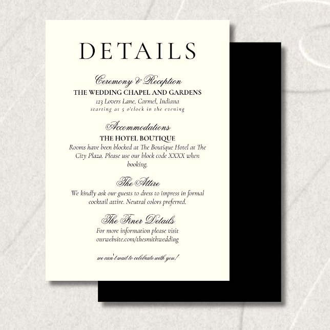 Tarjeta De Recepción Classic Black and White Minimalist Wedding Details (Classic Black and White Minimalist Wedding Details Enclosure Card)