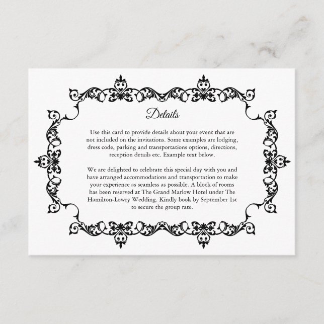 Tarjeta De Recepción Classic  Black and White Ornately Framed Wedding (Anverso)
