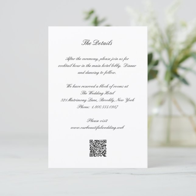Tarjeta De Recepción Classic Black and White QR Code Timeless Wedding (Anverso de pie)