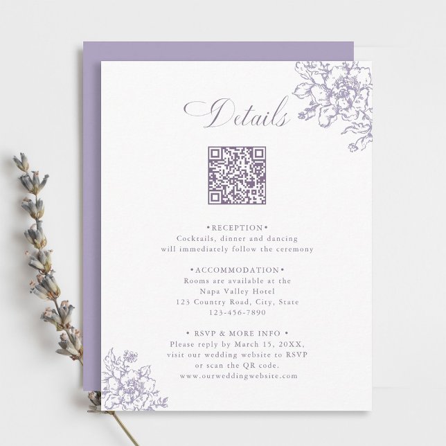 Tarjeta De Recepción Classic Bloom Garden Lavender Wedding Details (Subido por el creador)