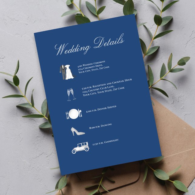 Tarjeta De Recepción Classic Blue QR Code Wedding Details Card (Easy RSVP with QR code—clean, modern back design for wedding website access.)